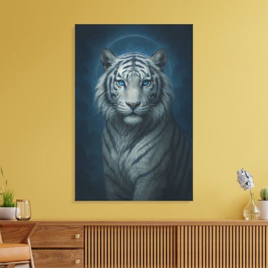 Ice Spirit White Tiger – Mystic Guardian of Calm P Canvas Afdruk (Insitu (Woonkamer))