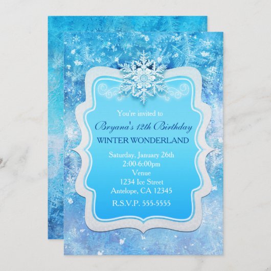 Ice Winter Wonderland Snowflake-uitnodigingen, bev Kaart (Voorkant / Achterkant)