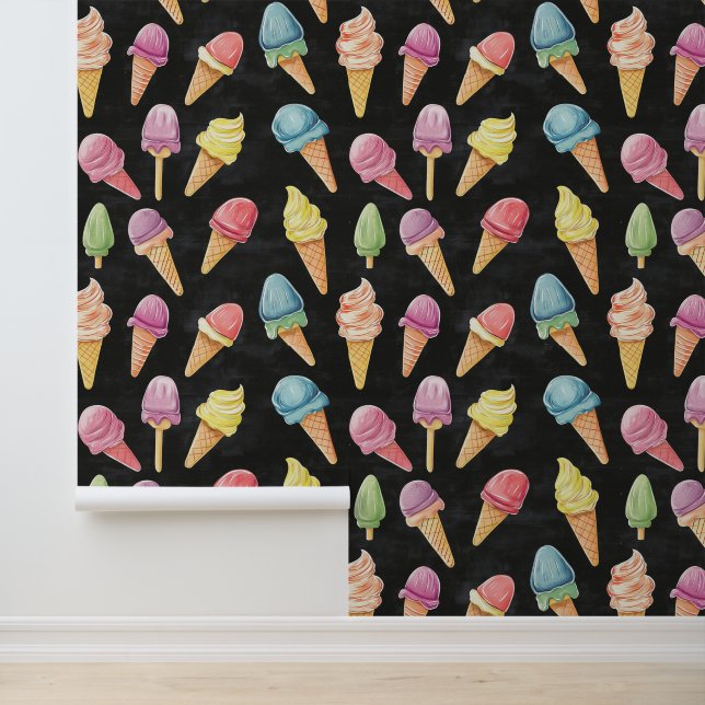 Icecream Shop Patroon Krijt Tekeningen Zwart Bckg Behang (Applicatie)