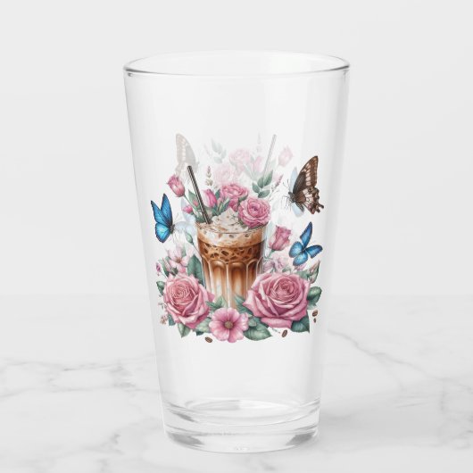 Iced Coffee & Butterfly Floral Art Glas (Achterkant)