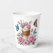 Iced Coffee & Butterfly Floral Art Papieren Bekers (Achterkant)