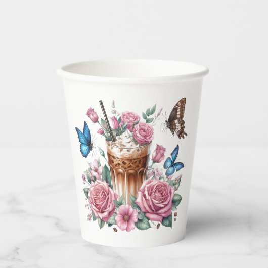 Iced Coffee & Butterfly Floral Art Papieren Bekers (Voorkant)