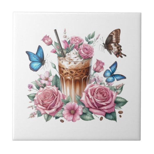 Iced Coffee & Butterfly Floral Ceramic Tile Tegeltje (Voorkant)