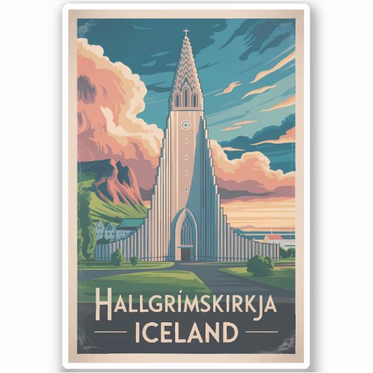 Iceland Hallgrimskirkja Illustration Travel Art Sticker (Voorkant)