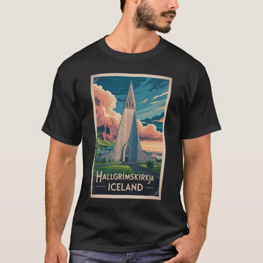 Iceland Hallgrimskirkja Illustration Travel Art T-shirt (Voorkant)