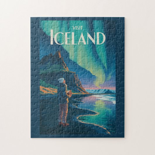 Iceland Northern Lights Illustration Travel Art Vi Legpuzzel (Verticaal)
