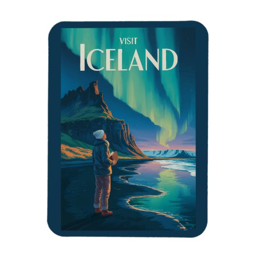 Iceland Northern Lights Illustration Travel Art Vi Magneet (Verticaal)