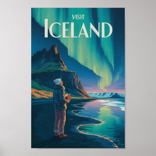 Iceland Northern Lights Illustration Travel Art Vi Poster (Voorkant)