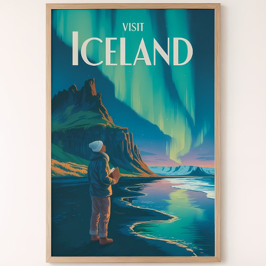 Iceland Northern Lights Illustration Travel Art Vi Poster