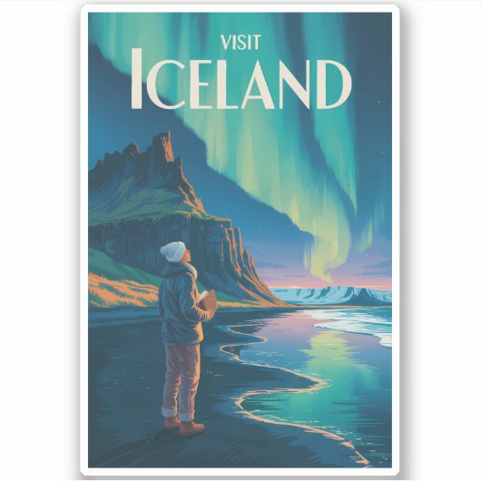 Iceland Northern Lights Illustration Travel Art Vi Sticker (Voorkant)