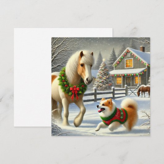 Icelandic Horse and Dog Christmas Card Feestdagenkaart (Voorkant / Achterkant)