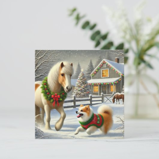 Icelandic Horse and Dog Christmas Card Feestdagenkaart (Staand voorkant)
