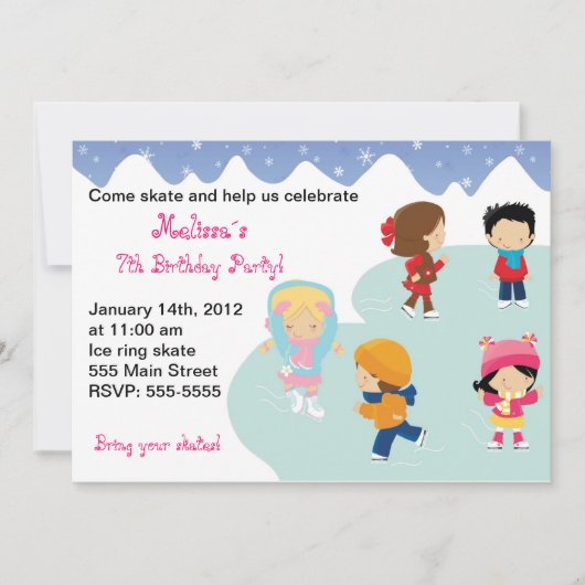 Iceskating Kids Birthday Party Invitations Kaart (Voorkant)