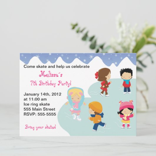 Iceskating Kids Birthday Party Invitations Kaart (Staand voorkant)