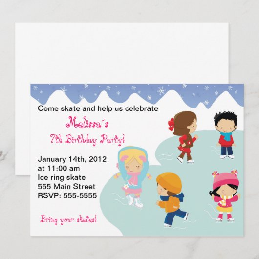 Iceskating Kids Birthday Party Invitations Kaart (Voorkant / Achterkant)