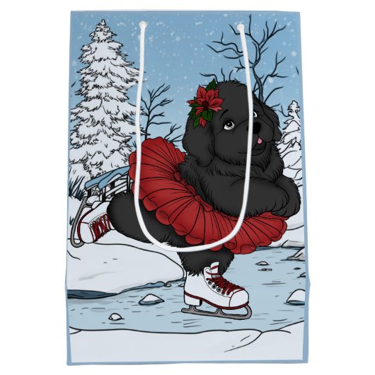 Iceskating Newfoundland Puppy Winter Wonderland Medium Cadeauzakje (Achterkant)