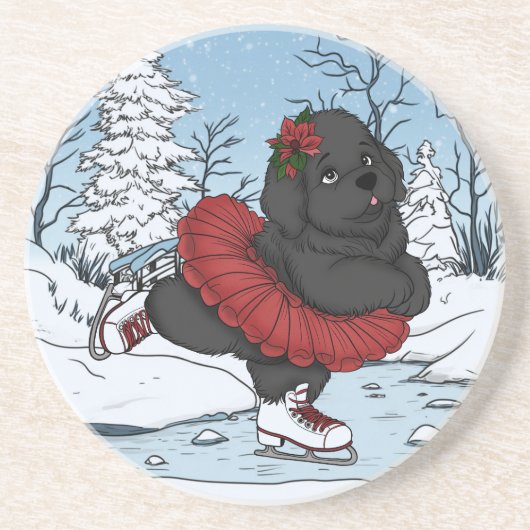 Iceskating Newfoundland Puppy Winter Wonderland Zandsteen Onderzetter (Voorkant)