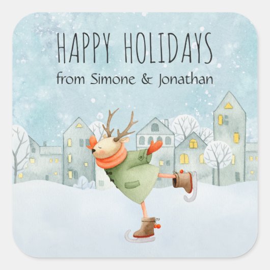 Iceskating Woodland Herten Kerstvakantie Vierkante Sticker (Voorkant)