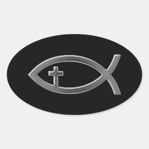 Ichthus - Christelijk vissymbool met Crucifix Ovale Sticker