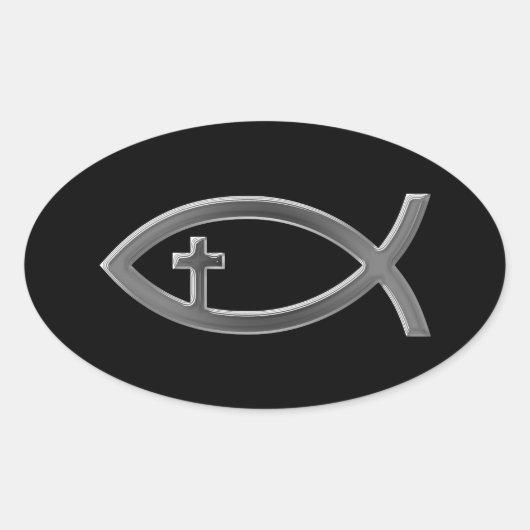 Ichthus - Christelijk vissymbool met Crucifix Ovale Sticker (Voorkant)