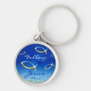 Ichthus Pattern on Blue Background Sleutelhanger