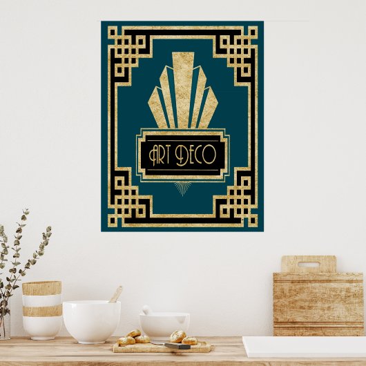 Iconic Art Deco - Blauwgroen zwart en goud Poster (Keuken)