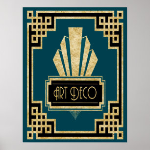 Iconic Art Deco - Blauwgroen zwart en goud Poster