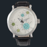 Iconic Atomic Starbursts Leather Watch Horloge<br><div class="desc">Dit iconische Atomic Starbursts Leather Watch patroon heeft iconische atoomstarbursts. Dat klopt! De oude school, crèmekleurige achtergrond met gouden spikkels is de perfecte achtergrond voor de levendige turquoise, rustgevende selderij en kitschy peer groen gekleurde cirkels. De vlekken van kleur worden sporadisch geplaatst in verschillende maten met bedekkende zwarte V-vormige lijnen...</div>