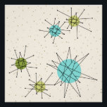 Iconic Atomic Starbursts Poster<br><div class="desc">Deze Iconische atoomstoot barst het patroon van het Poster uit met iconische atomaire sterrenbursts. Dat klopt! De oude school, crèmekleurige achtergrond met gouden spugen is de perfecte achtergrond voor de levendige turquoise, het kalkselderij en kitschy peren groene cirkels. De vlekken van kleur worden sporadisch geplaatst in diverse grootte met het...</div>