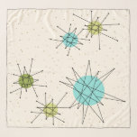 Iconic Atomic Starbursts Sjaal<br><div class="desc">Dit Iconisch atoomstootpatroon kenmerkt iconische atomaire sterrenbursts. Dat klopt! De oude school, crèmekleurige achtergrond met gouden spugen is de perfecte achtergrond voor de levendige turquoise, het kalkselderij en kitschy peren groene cirkels. De vlekken van kleur worden sporadisch geplaatst in diverse grootte met het bekleden van zwarte V gestormde lijnen om...</div>