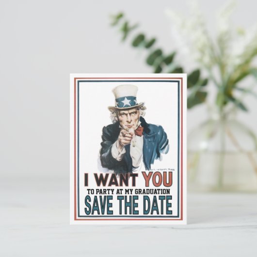 Iconic  oom Sam redt het Date Afstuderen Aankondiging (Staand voorkant)