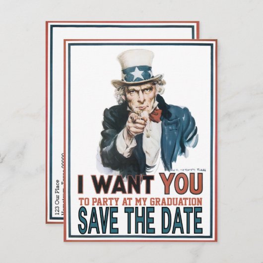 Iconic  oom Sam redt het Date Afstuderen Aankondigingskaart (Voorkant / Achterkant)