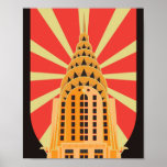 Iconic Retro Art Deco American Building Poster<br><div class="desc">Dit kunstdeco-ontwerp kenmerkt een groot retro gebouw met een rode en witte straal barst achtergrond achter het gebouw. #building #tower #retro #artdeco #american #iconic #structure #trendy #cool</div>