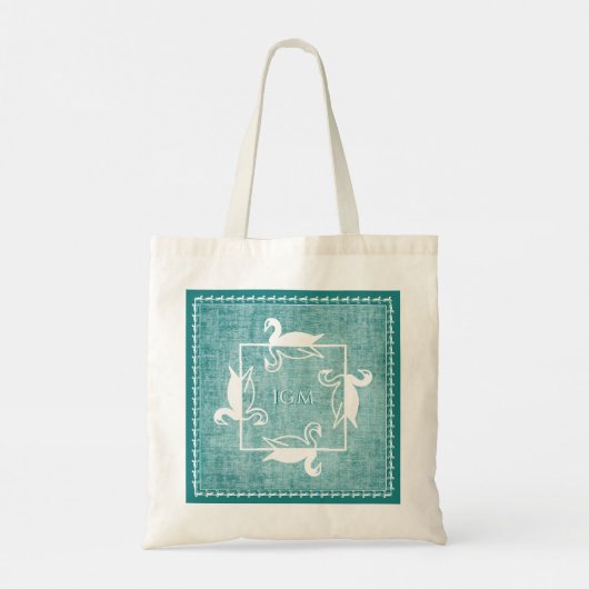 Iconic White Swans Pattern Aqua Texture Monogram Tote Bag (Achterkant)