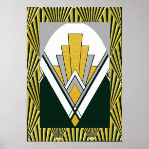 Iconieke Art Deco Poster. Goud, grijs en zwart. Poster