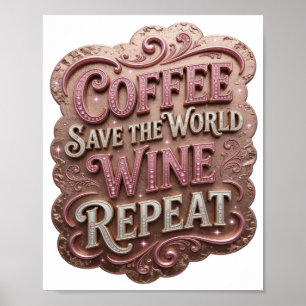 Iconisch Roze COFFIE SAVE THE WORLD WINE REPEAT v2 Poster
