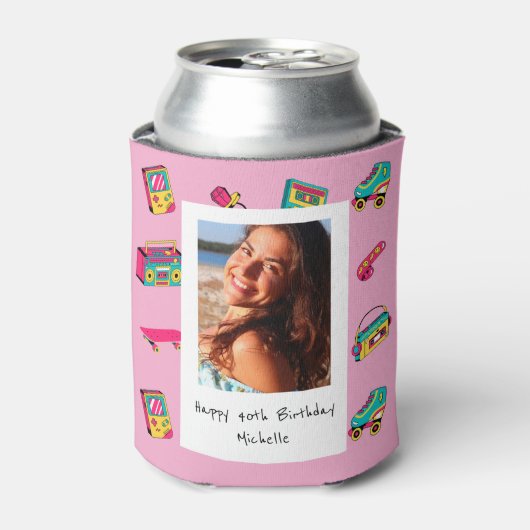 Iconische 90's verjaardagscadeau, roze met foto blikjeskoeler (Blikje Voorkant)