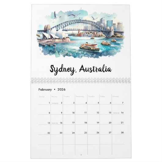 Iconische aquarel steden kalender (Feb 2026)