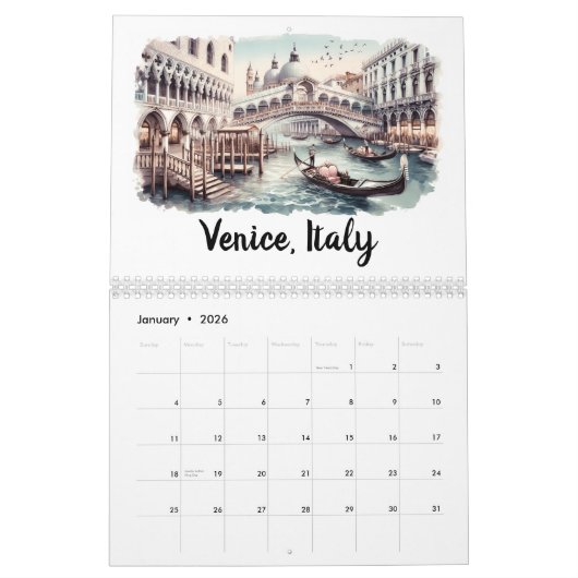 Iconische aquarel steden kalender (Jan 2026)
