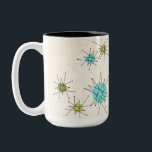 Iconische atoomstoten Mok met twee tonen<br><div class="desc">Deze Iconische atoomStarbursts bietone Mok patroon kenmerkt iconische atomaire starbursts. Dat klopt! De oude school, crèmekleurige achtergrond met gouden spugen is de perfecte achtergrond voor de levendige turquoise, het kalkselderij en kitschy peren groene cirkels. De vlekken van kleur worden sporadisch geplaatst in diverse grootte met het bekleden van zwarte V...</div>