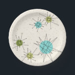 Iconische Borden voor atoomstaarten Papieren Bordje<br><div class="desc">Dit Iconische atoomstootpatroon barst het patroon van het Bord van het Papier kenmerkt iconische atomaire sterrenbursts. Dat klopt! De oude school, crèmekleurige achtergrond met gouden spugen is de perfecte achtergrond voor de levendige turquoise, het kalkselderij en kitschy peren groene cirkels. De vlekken van kleur worden sporadisch geplaatst in diverse grootte...</div>