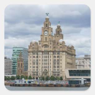 Iconische lever gebouw en toren, Riverfront Scene Vierkante Sticker