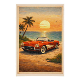 Iconische rode cabriolet strand zonsondergang retr perfect poster