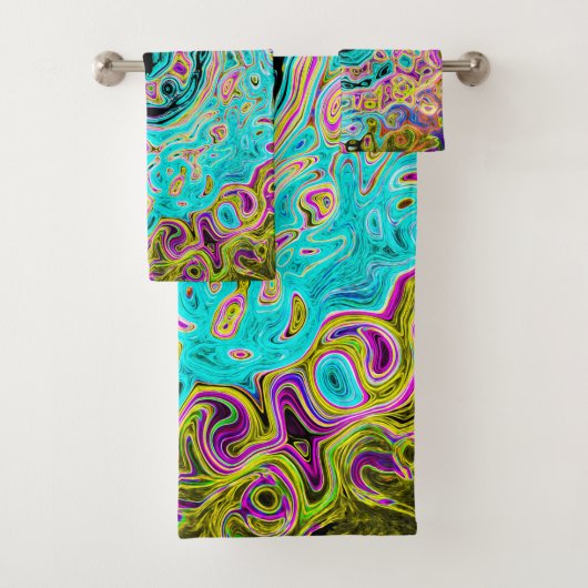 Icy Aqua Blue Groovy Abstract Retro Liquid Swirl Bad Handdoek (Insitu)