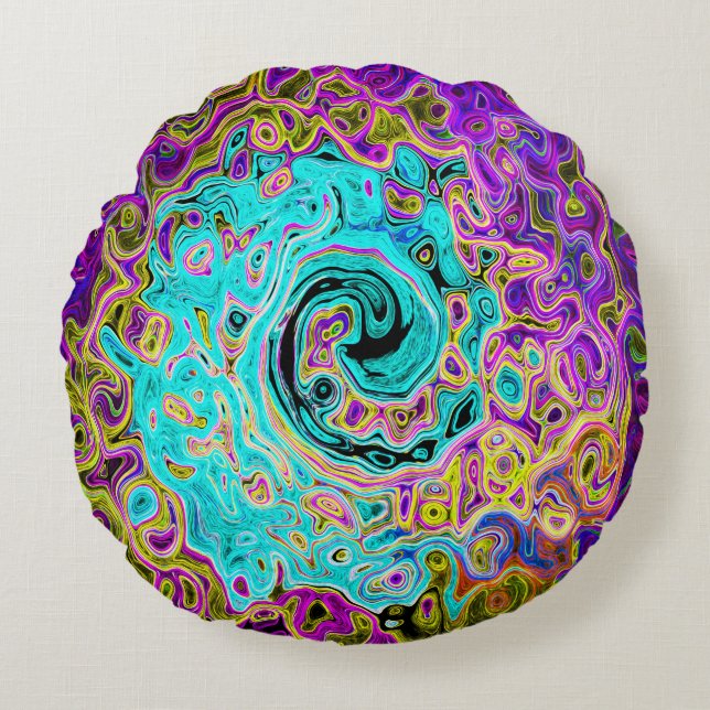 Icy Aqua Blue Groovy Abstract Retro Liquid Swirl Rond Kussen (Voorkant)