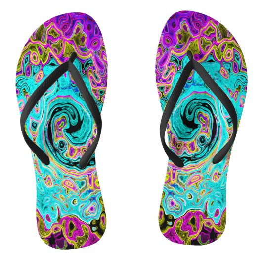 Icy Aqua Blue Groovy Abstract Retro Liquid Swirl Teenslippers (Voetbed)