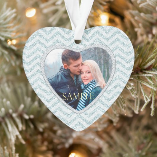 Icy Aqua Chevron Foto Sjabloon eerste Kerstmis Ornament (Boom)