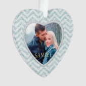 Icy Aqua Chevron Foto Sjabloon eerste Kerstmis Ornament (voorkant)