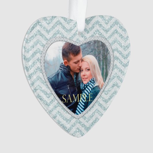 Icy Aqua Chevron Foto Sjabloon eerste Kerstmis Ornament (voorkant)