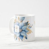 Icy Blauw Goud Poinsettia Kerstmis MONOGRAM Koffiemok (Voorkant links)